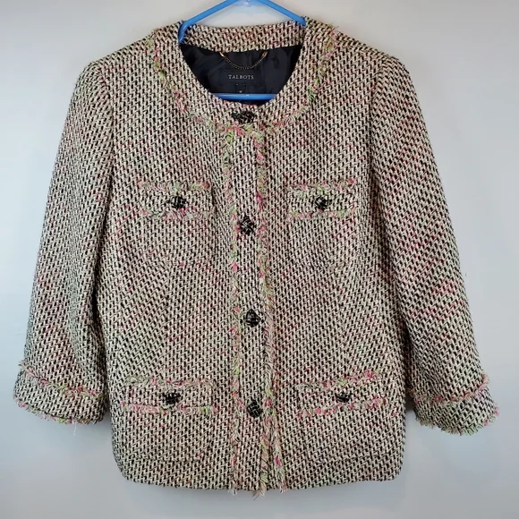 Talbots Pink Green Candy Fringe Tweed Blazer Jacket Size 10 Womens Button Up - Picture 12 of 12